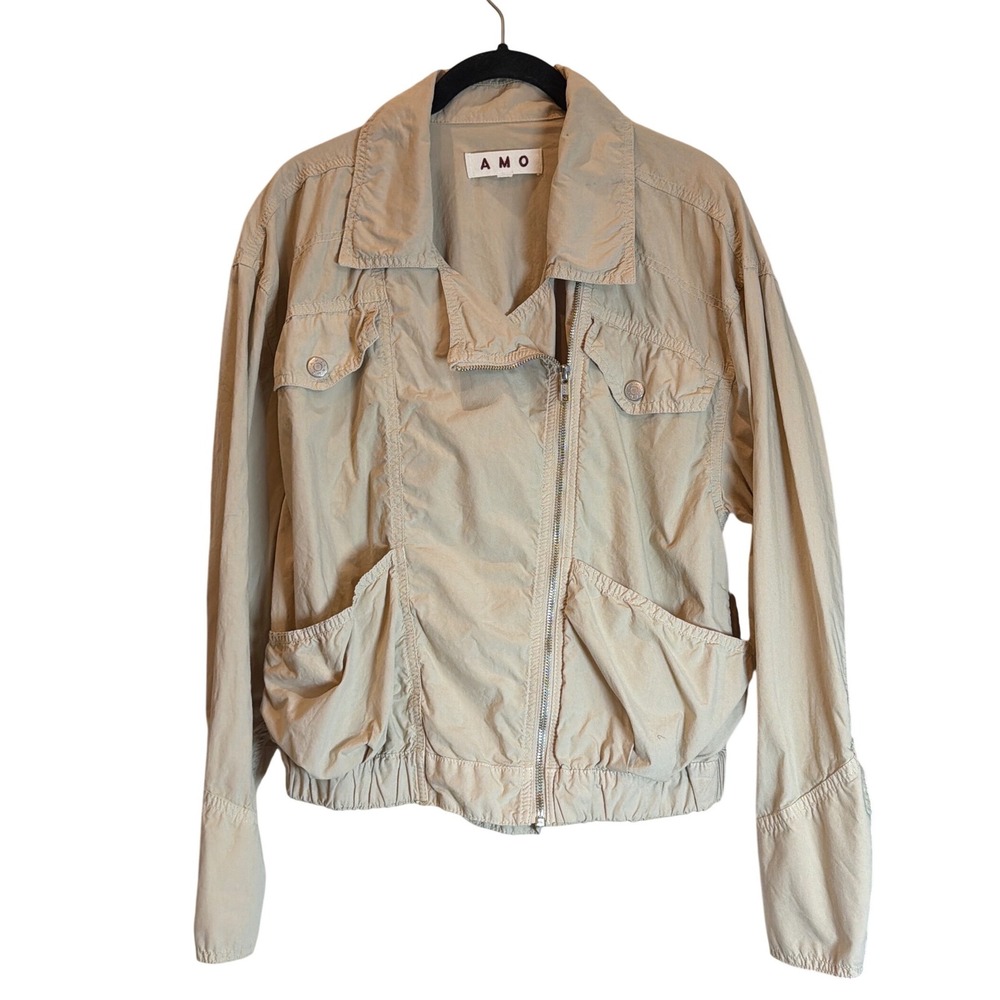 AMO Tan Beige Cotton Asymmetrical Zip Utility Bomber Jacket Small Made‎ in Peru